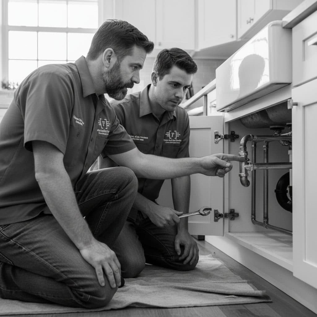 Father & Son licensed plumber working on a kitchen sink